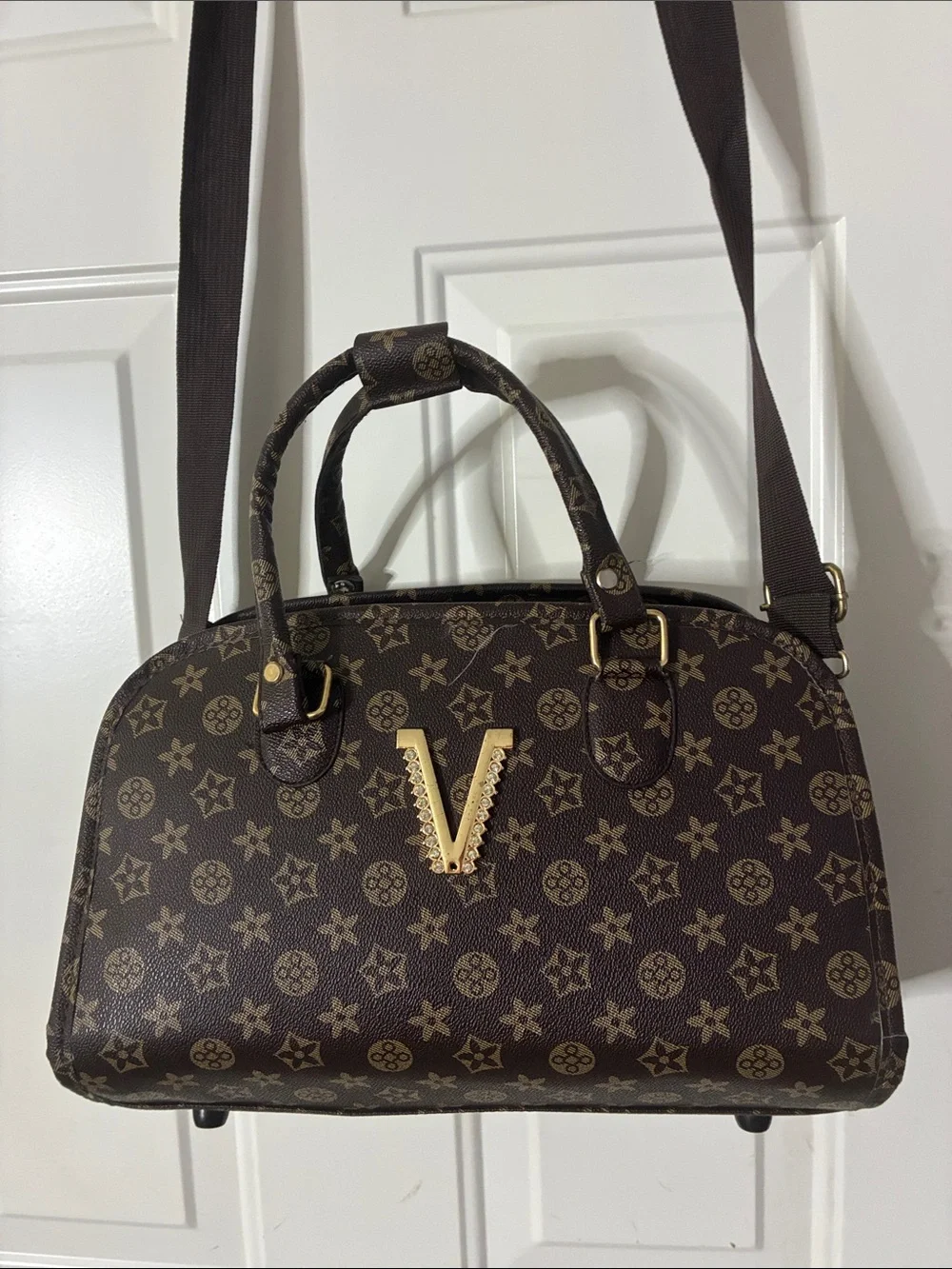Brown Monogram Satchel Handbag with V Accent